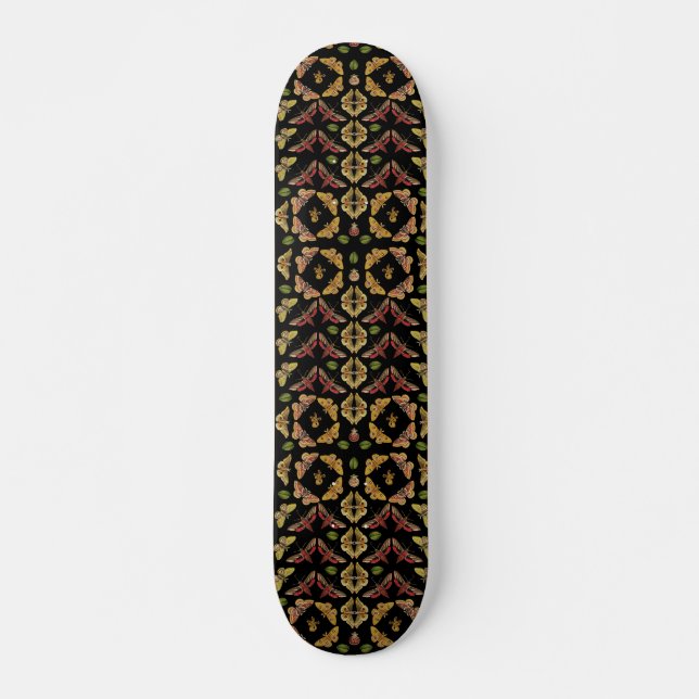 Folk Art Moth & Orchid art deco black Skateboard (Front)
