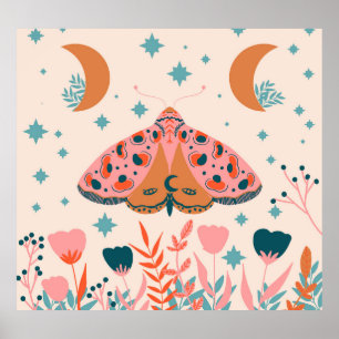 Folk Art Moths: Bright Vintage Illustration Poster