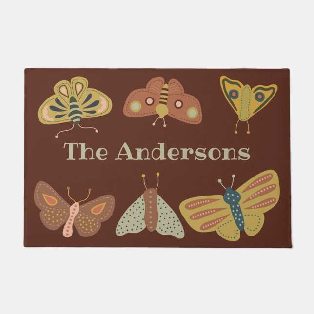 Folk Art Moths Butterflies on Brown Personalised Doormat (Front)