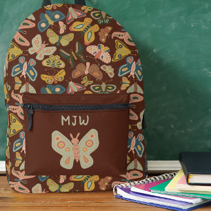 Folk Art Moths Butterflies Pink Blue Brown Printed Backpack