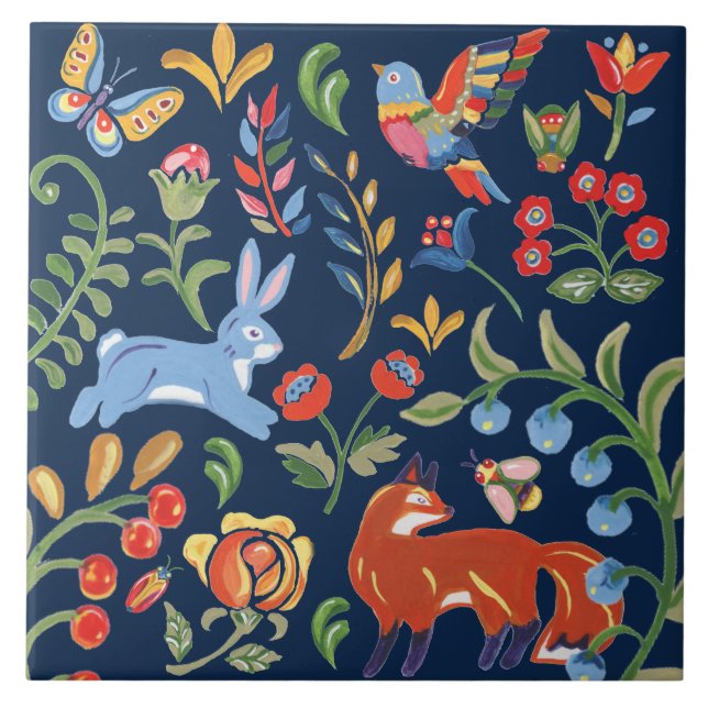 Folk Art Navy Animal Woodland Floral Fox Rabbit Tile (Front)