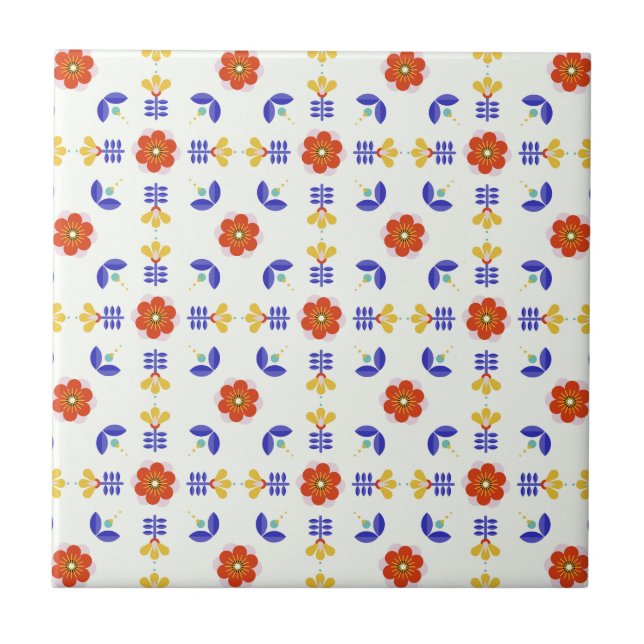 Folk Art Neon Flower Geometric Pattern Tile (Front)