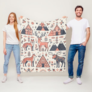 Folk Art Nordic Deer Wolf Moose Blanket