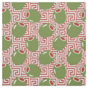 Folk Art Olive Greek Key - Green & Burgundy  Fabric