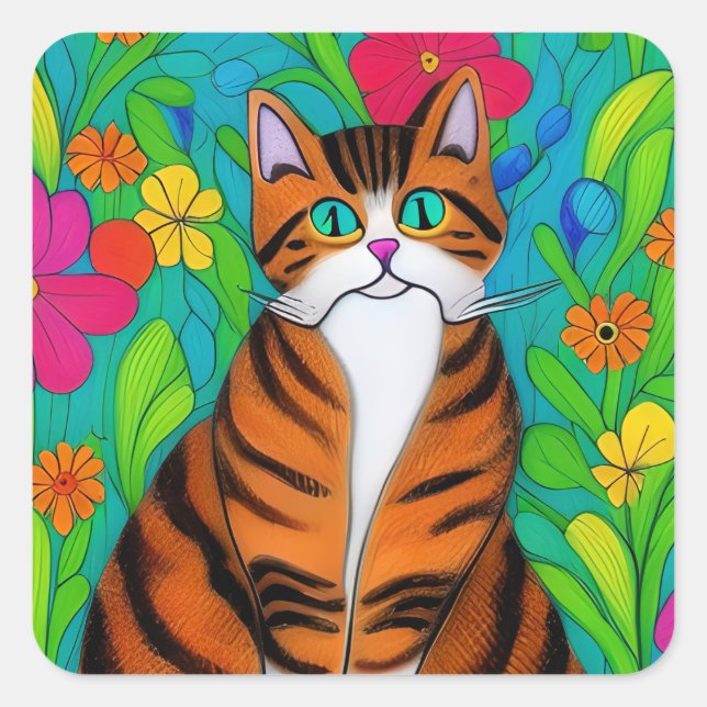 Folk Art Orange Cat and Flowers Square Sticker (Front)