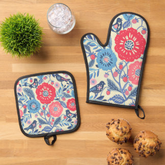 Folk Art Oven Mitts Mitt & Pot Holder Set