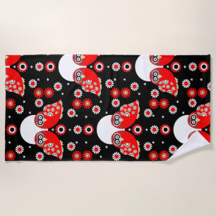 Folk Art Owl Beach Towel