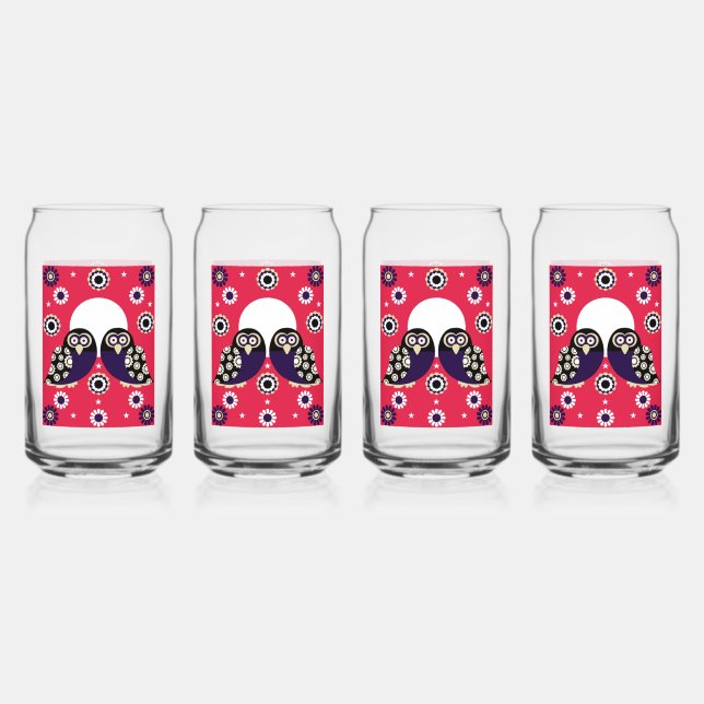 Folk Art Owl Can Glass (Front)
