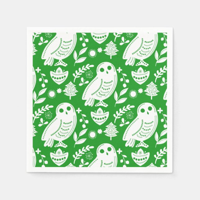 Folk Art Owl Green Napkin (Front)