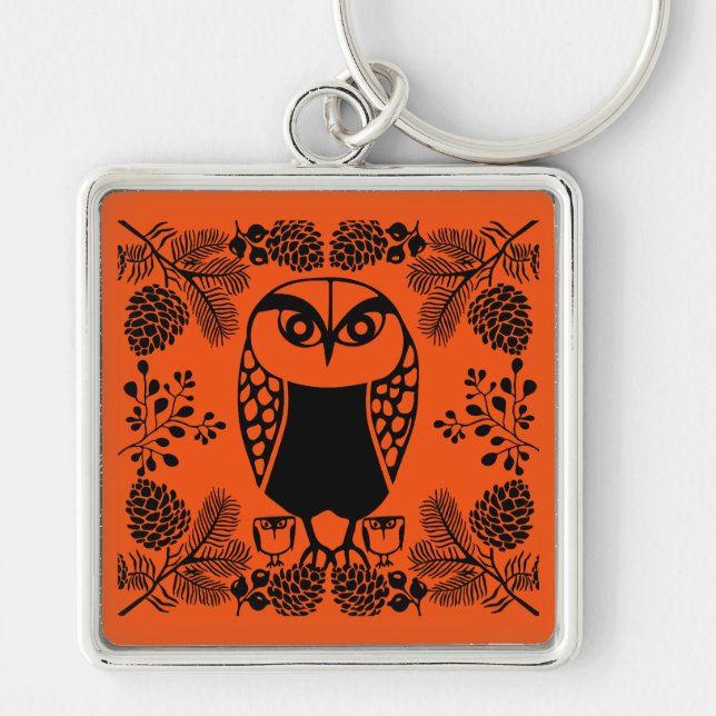 Folk Art Owl Prints Key Ring (Front)