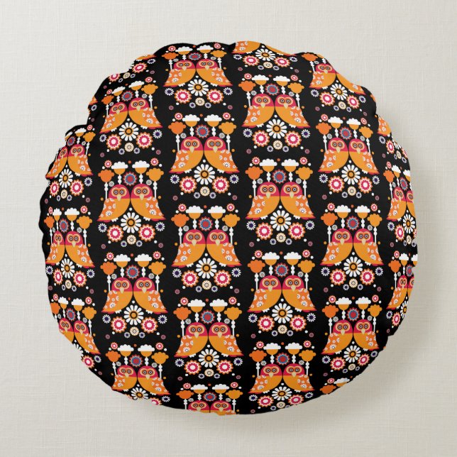 Folk Art Owl Round Cushion (Front)