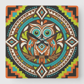 Folk Art Owl Square Wall Clock