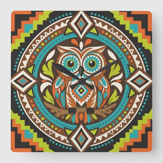 Folk Art Owl  Square Wall Clock (Front)