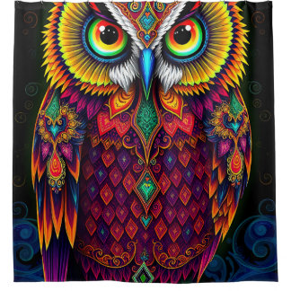 Folk Art Owl: Whimsical Red Teal Design Shower Curtain
