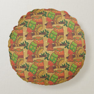 Folk Art Owls on Branches Kids Round Cushion