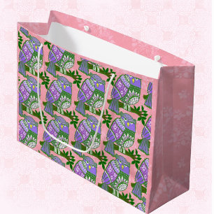 Folk Art Owls Pink Purple Kids Large Gift Bag