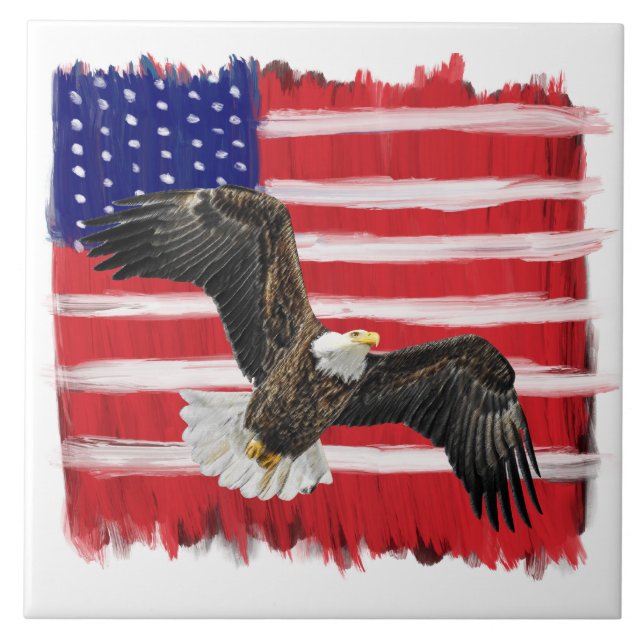 Folk Art Painted Flag And Eagle Tile (Front)