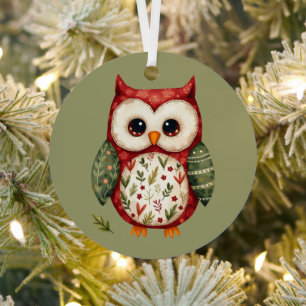 Folk Art Patchwork Owl Cottagecore Metal Tree Decoration