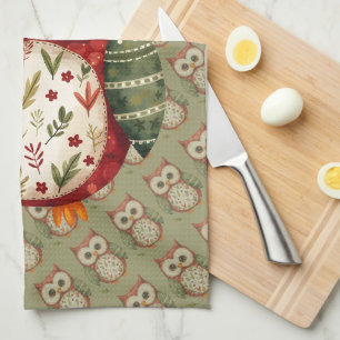 Folk Art Patchwork Owl Cottagecore Tea Towel
