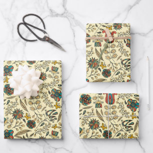 Folk art pattern on pale yellow background wrapping paper sheet