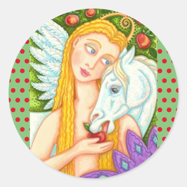 FOLK ART PEGASUS AND EVE IN GARDEN OF EDEN, HORSE CLASSIC ROUND STICKER (Front)