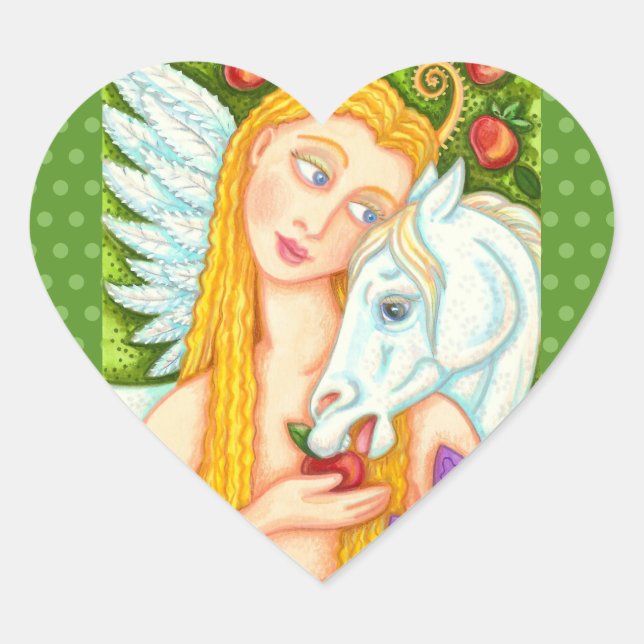FOLK ART PEGASUS AND EVE IN GARDEN OF EDEN, HORSE HEART STICKER (Front)