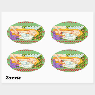 FOLK ART PEGASUS AND EVE IN GARDEN OF EDEN, HORSE OVAL STICKER