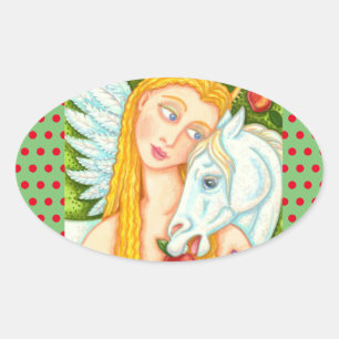 FOLK ART PEGASUS AND EVE IN GARDEN OF EDEN, HORSE OVAL STICKER