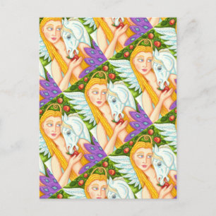 FOLK ART PEGASUS AND EVE IN GARDEN OF EDEN, HORSE POSTCARD