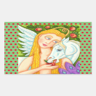 FOLK ART PEGASUS AND EVE IN GARDEN OF EDEN, HORSE RECTANGULAR STICKER