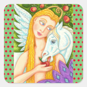 FOLK ART PEGASUS AND EVE IN GARDEN OF EDEN, HORSE SQUARE STICKER