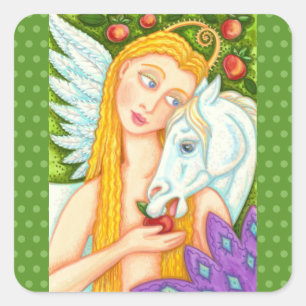 FOLK ART PEGASUS AND EVE IN GARDEN OF EDEN, HORSE  SQUARE STICKER