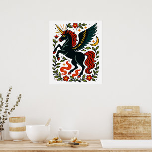 Folk Art Pegasus Unicorn Floral Celestial Poster