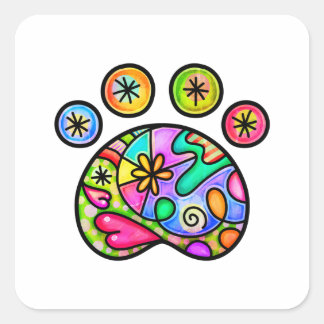 Folk Art Pet Dog Paw Watercolor Doodle Square Sticker