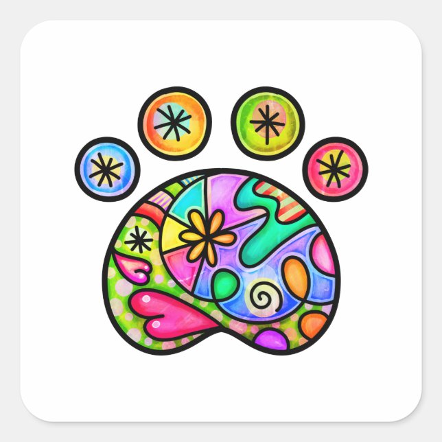 Folk Art Pet Dog Paw Watercolor Doodle Square Sticker (Front)