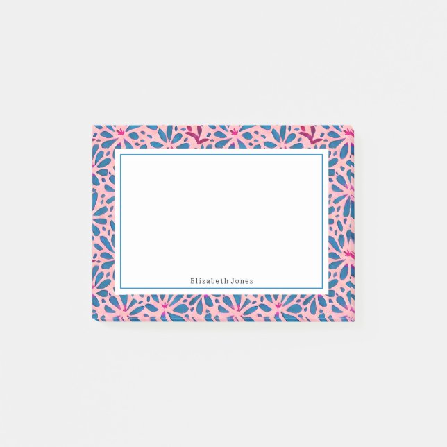 Folk Art Pink and Blue Floral Post-it Notes (Front)