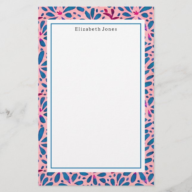 Folk Art Pink and Blue Floral  Stationery (Front)