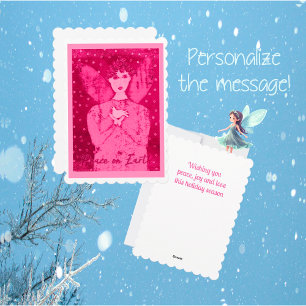 Folk Art Pink Angel of Peace with White Dove Holiday Card