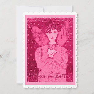 Folk Art Pink Angel of Peace with White Dove Holiday Card
