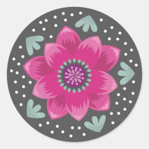 Folk Art Pink Flower Classic Round Sticker