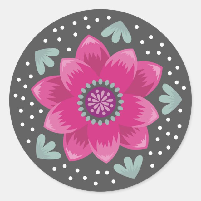 Folk Art Pink Flower Classic Round Sticker (Front)