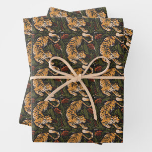 Folk Art Prowling Tiger Illustration Wrapping Paper Sheet