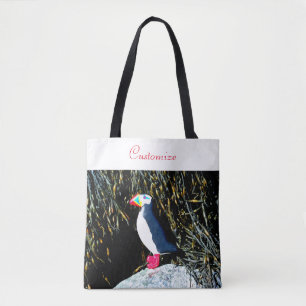 folk art puffin on rock tote bag