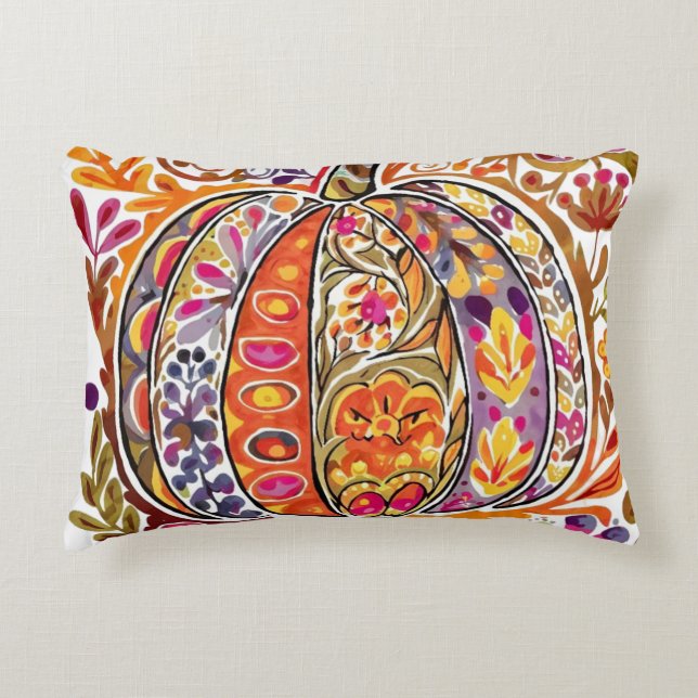  Folk Art Pumpkin Throw Pillow Rustic Fall Flowers (Front)