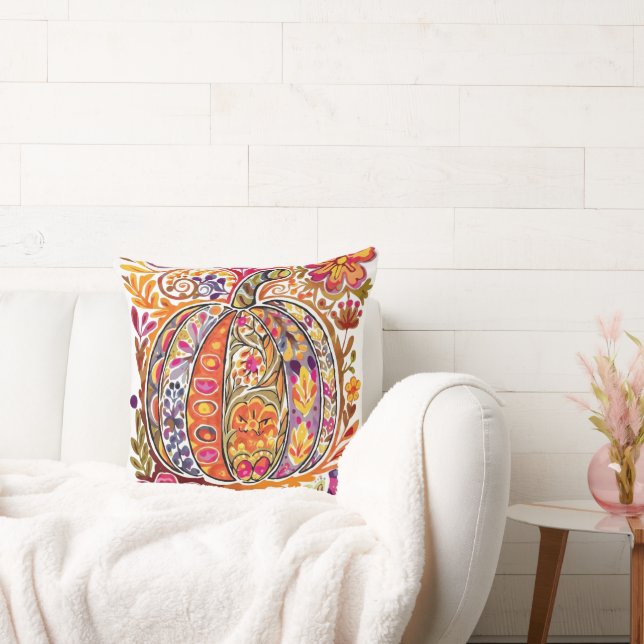  Folk Art Pumpkin Throw Pillow Rustic Fall Flowers (Couch)