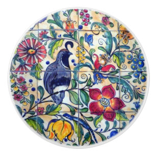 Folk Art Quail Lizard Floral Colourful Southwest   Ceramic Knob