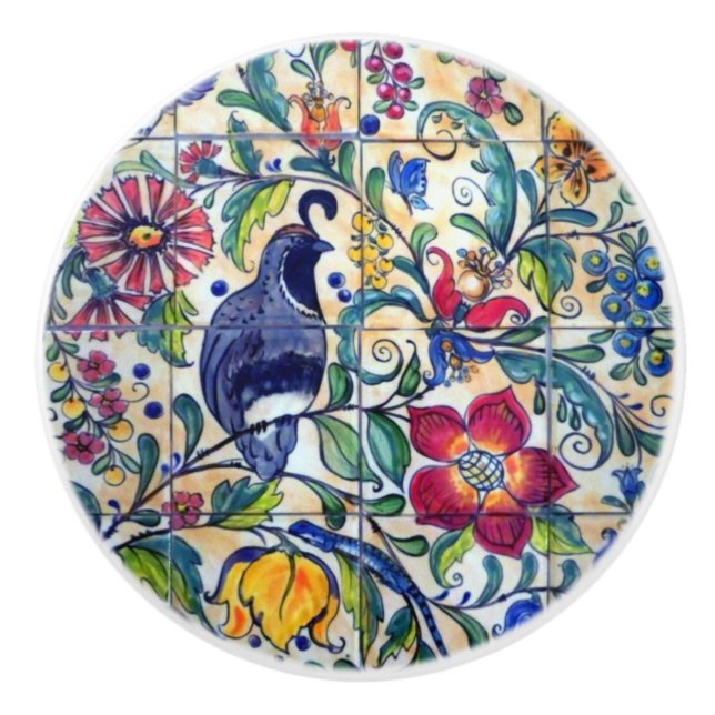 Folk Art Quail Lizard Floral Colourful Southwest   Ceramic Knob (Front)