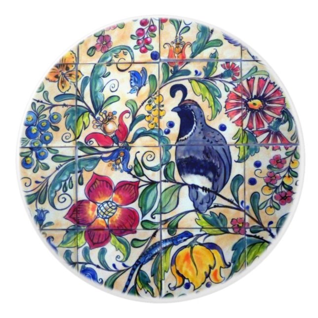 Folk Art Quail Lizard Floral Colourful Southwest   Ceramic Knob (Front)