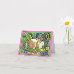 FOLK ART RABBIT & BLUEBIRD IN SECRET GARDEN Blank Card