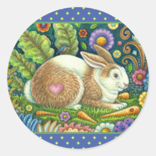 FOLK ART RABBIT & BLUEBIRD IN SECRET GARDEN CLASSIC ROUND STICKER